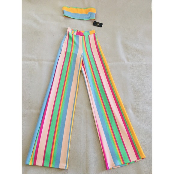 Touchdolls Two Piece Crop Top Bell Bottom Pants Set Size 2 XS Stripe Stretch - Picture 2 of 16
